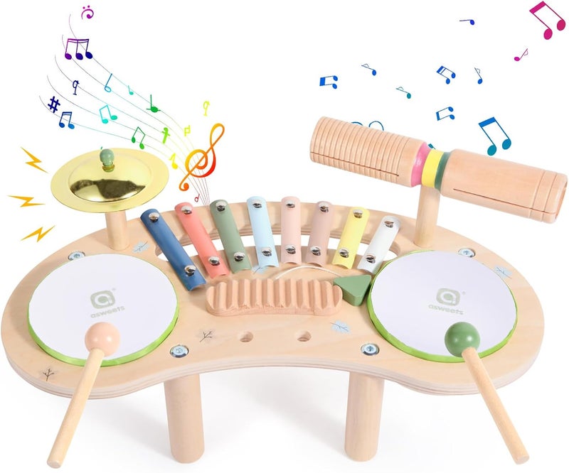 Asweets 7 in 1 Kids Drum Set for Toddlers Wooden Xylophone Musical Instruments Kit Play Set for Toddler Baby Drum Set Montessori Toys Sensory Toys Birthday Gifts for Girls Boys (Moon) - Image 1